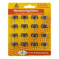 MEUBELVILTGLIJDERS MET SCHROEF BRUIN ROND 20 MM 16 STUKS