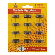 MEUBELVILTGLIJDERS MET SCHROEF BRUIN ROND 24 MM 12 STUKS